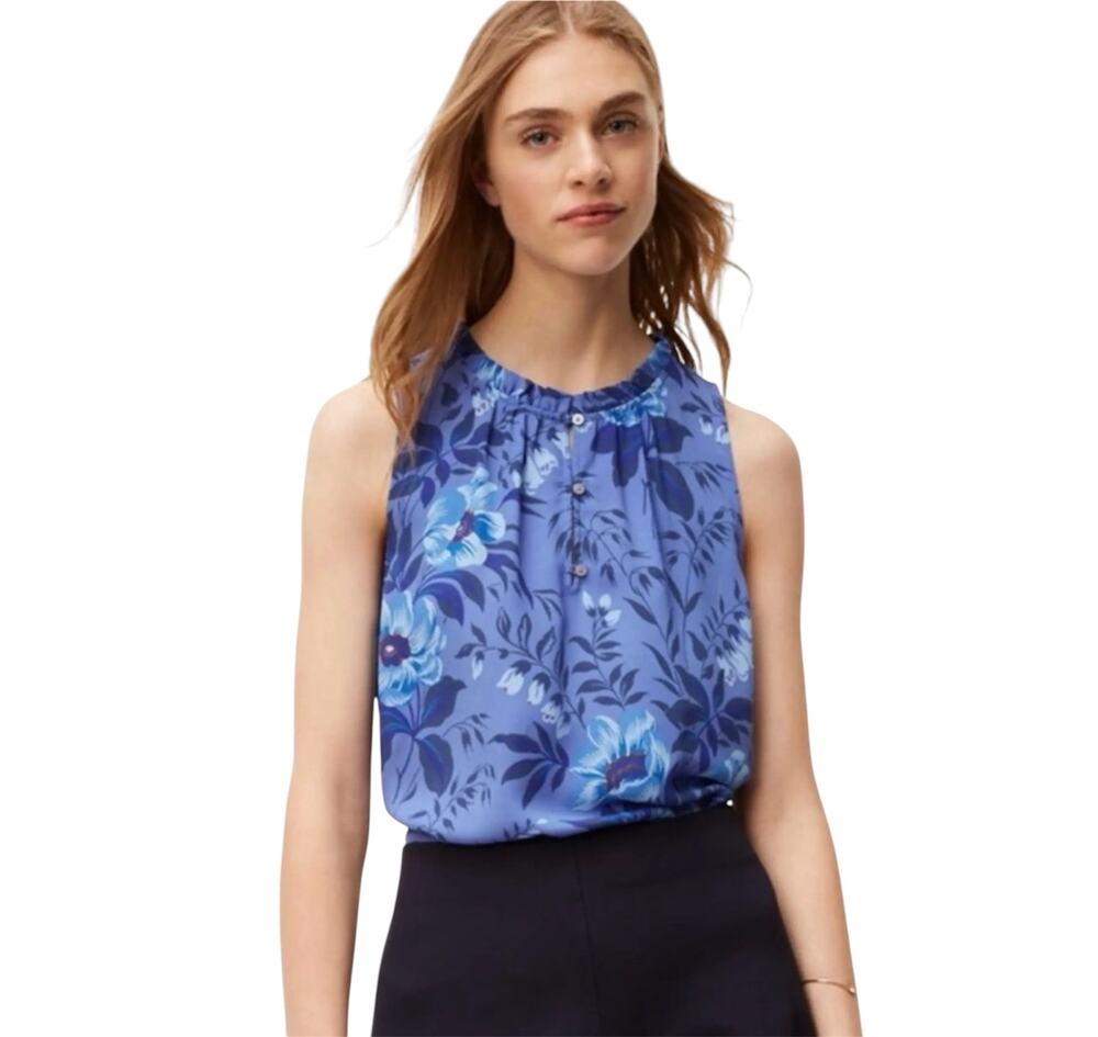 Loft Blue Floral Print Sleeveless Ruffle Trim Blouse Top Size XXS Petite